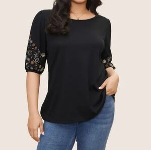 BloomChic Black Blouse with Floral Embroidery